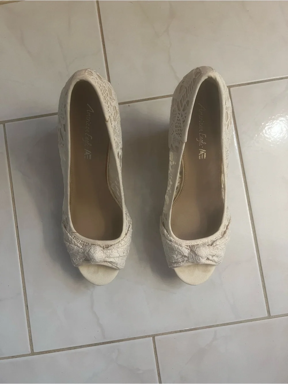 American Eagle Outfitters Women’s Cream Lace Peep-Toe Wedges with Bow Accent